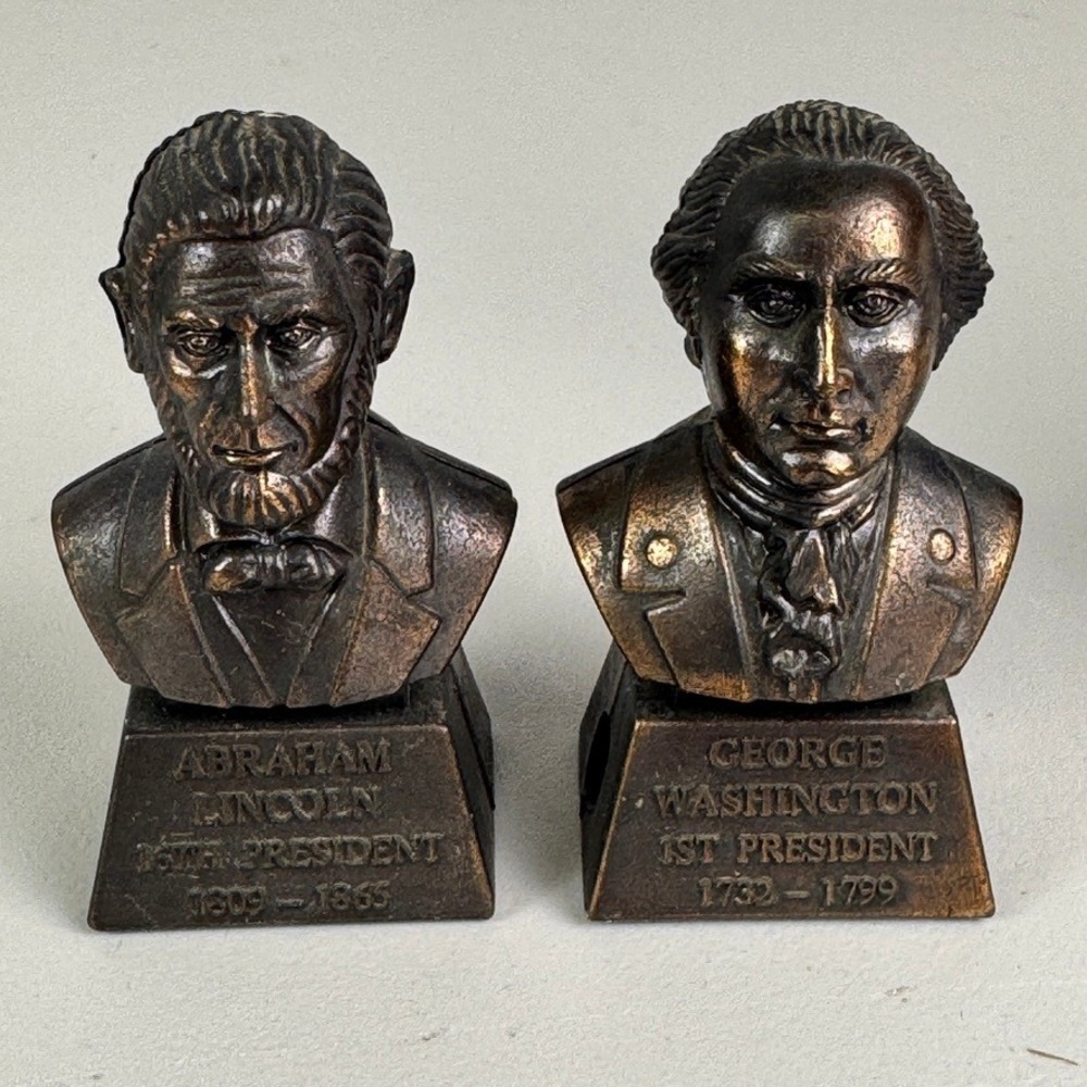 Vintage JSNY George Washington Abraham Lincoln Bust Pencil Sharpener Set Metal